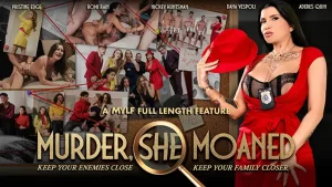 Murder She Moad porn parody video poster with MILF Romi Rain